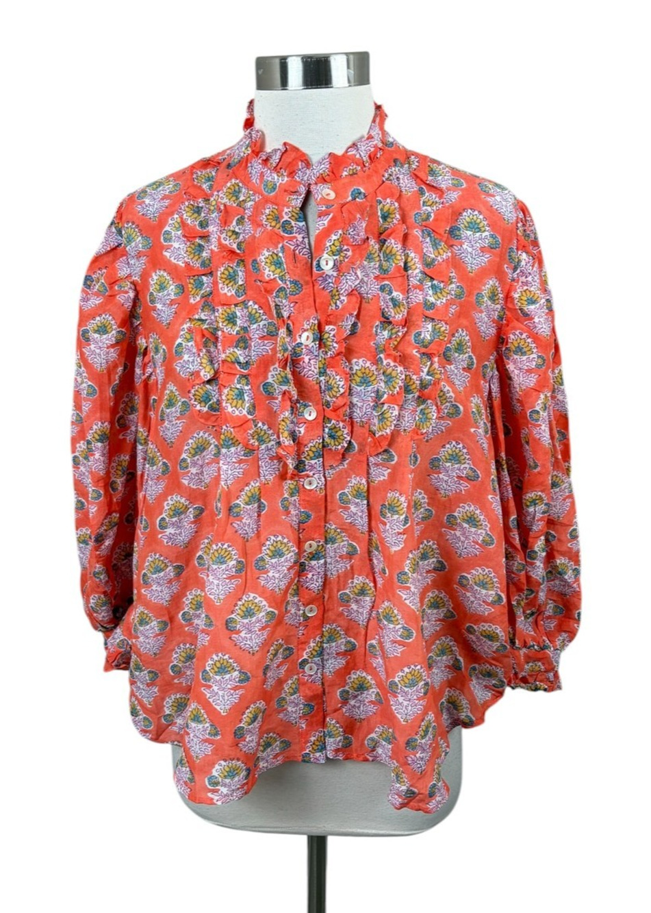 Oliphant 2XL XXL Orange Floral Ruffle Flowing Blouse Puff Sleeve
